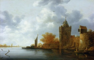 River estuary with a tower and fortified walls, ferry embarking by Jan Coelenbier